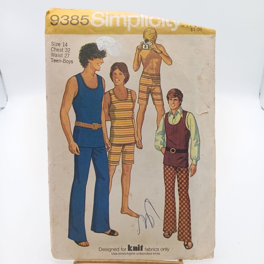 Vintage Sewing PATTERN Simplicity 9385, Teen Boys Knit 1971 Hip Hugger Pants